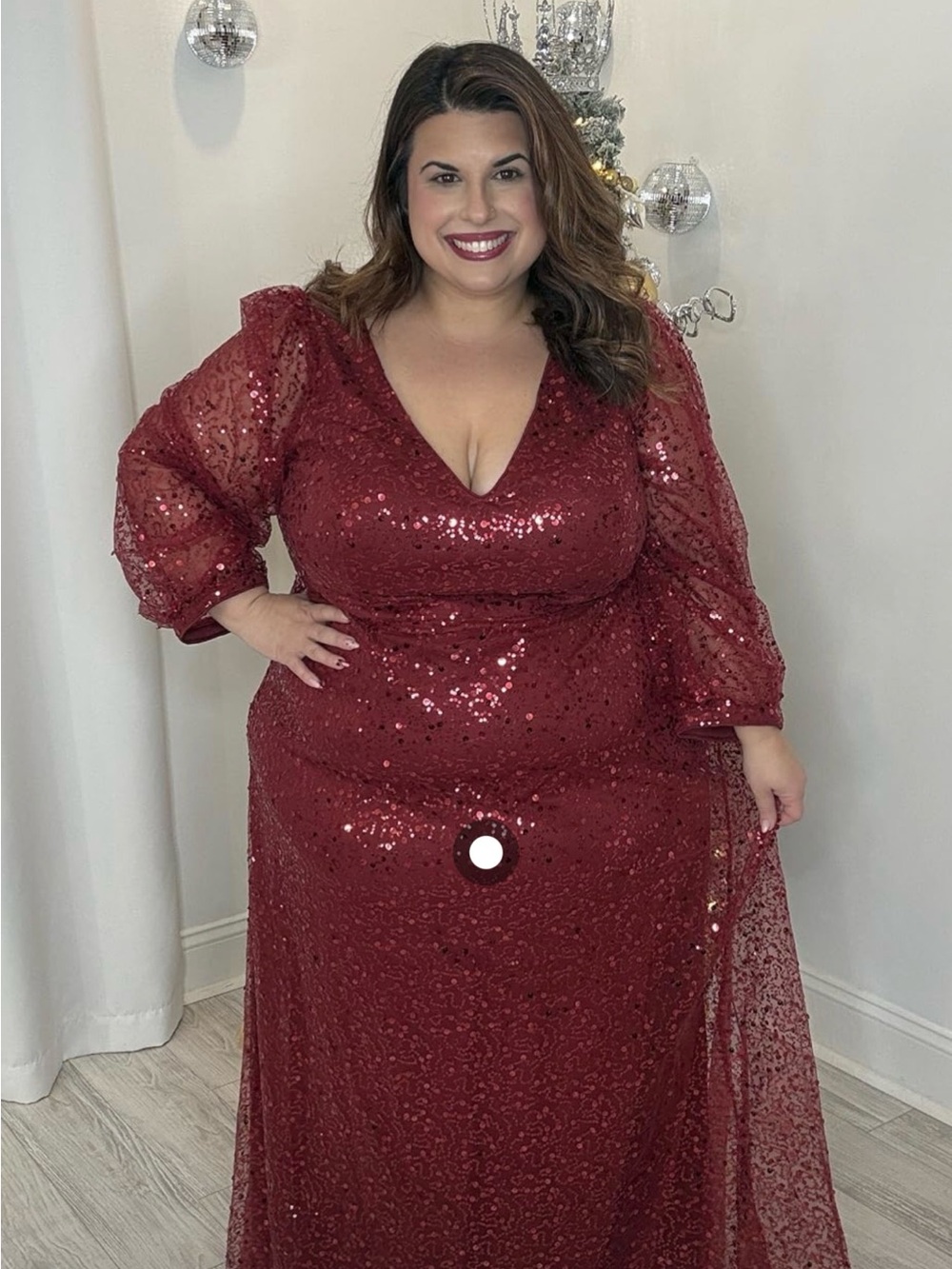 Plus Size Burgundy Sequin Long Sleeve Evening Gown